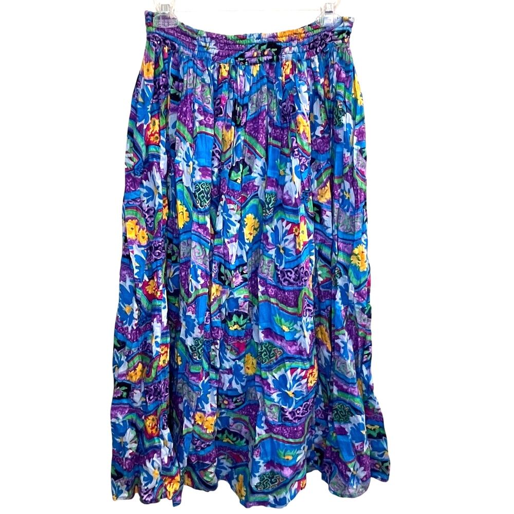 Vintage BC & Co Boho Midi Skirt Size M Elastic Waist Multi Color, Folk, Peasant
